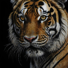 Naklejka premium A hyper-detailed charcoal drawing capturing a close-up of a tigers face set against a deep black background. Its fierce golden eyes, shaded with precision, appear to glow, conveying an intense inner f