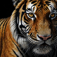 Obraz premium A hyper-detailed charcoal drawing capturing a close-up of a tigers face set against a deep black background. Its fierce golden eyes, shaded with precision, appear to glow, conveying an intense inner f