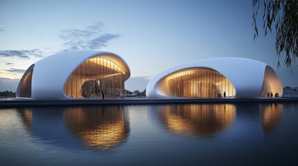 Obraz premium Modern architectural marvels by a serene water body during twilight, showcasing elegant design and captivating reflections.