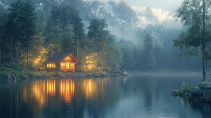 Obraz premium Serene lakeside cabin illuminated by warm lights at twilight.