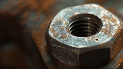 A close-up shot of the nut's surface, capturing the texture and markings, with a blurred view of the bolt behind.