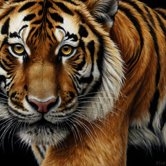 Obraz premium A hyper-detailed charcoal drawing capturing a close-up of a tigers face set against a deep black background. Its fierce golden eyes, shaded with precision, appear to glow, conveying an intense inner f