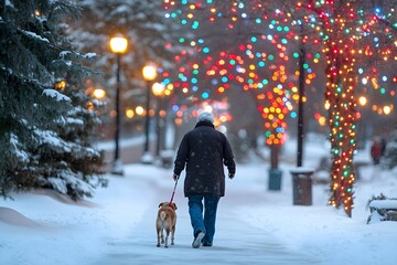 A man and his dog are walking down a snowy path