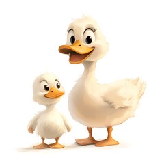 A cartoon duckling waddling behind its mother with a cute and curious look on a white background.