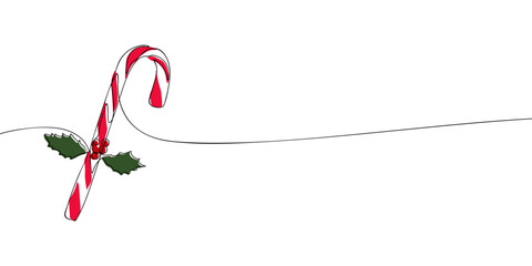 A single line drawing of a a candy cane with a leaf of holly. Continuous line christmas icon in color. One line icon. Vector illustration.
