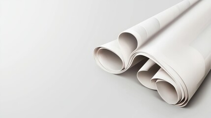 Fototapeta premium Rolled white paper sheets on a smooth surface, perfect for design, art, and drafting projects.