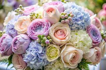 A vibrant bouquet featuring soft pink, lavender, and blue flowers, showcasing roses and hydrangeas, perfect for weddings or special occasions.
