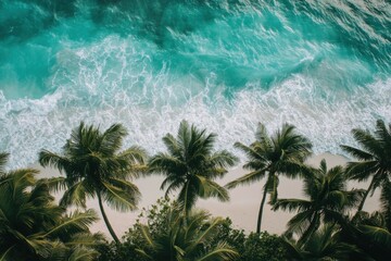 Green palm trees set against a backdrop of turquoise waves and white sandy shore, evoking a sense of tranquility and escape to a tropical haven