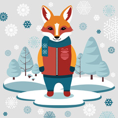 Winter funny card with dressed fox.
