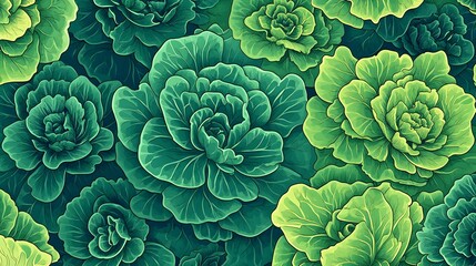 Fototapeta premium A background of lettuce in a vector drawing style. The pattern is a close-up view of vibrant green vegetables