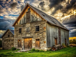 Fototapeta premium Weathered Barn and House Details: Old Wood, Stone, and Windows in Portrait Photography