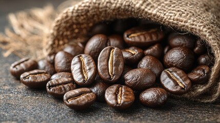 Naklejka premium A burlap sack spilling roasted coffee beans on a wooden surface.