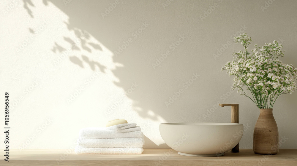 Poster serene bathroom scene featuring minimalist design with round basin, neatly stacked white towels, and