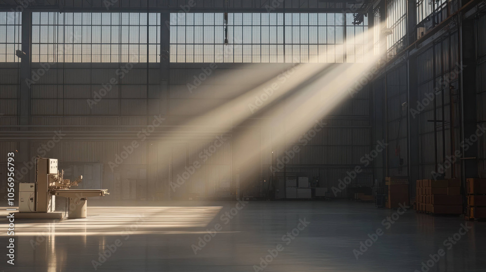 Aufkleber serene view of spacious, derelict factory with sunlight streaming through large windows, creating tranquil atmosphere. beams of light highlight industrial setting