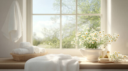 serene bathroom scene featuring window with soft natural light, fluffy towels, and bouquet of daisies. calming atmosphere invites relaxation and tranquility