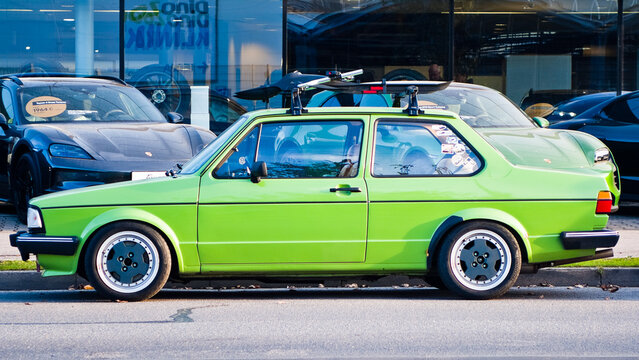 Riga, Latvia - October 29, 2024: A restored green Volkswagen Jetta from the 80s on the street
