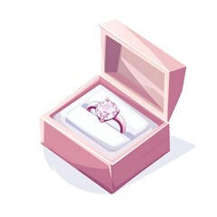 Cartoon engagement ring in an open box on a white background.