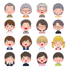 色々な年代の男女・顔アイコンセット・ポジティブな表情