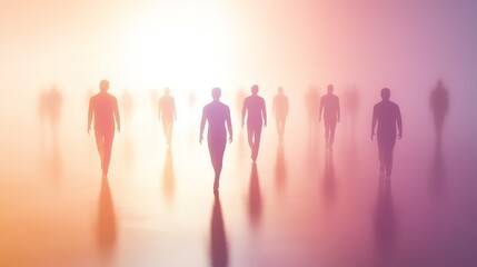 Fototapeta premium Silhouettes of people walking through ethereal fog, creating a serene and mysterious atmosphere filled with soft pastel hues.