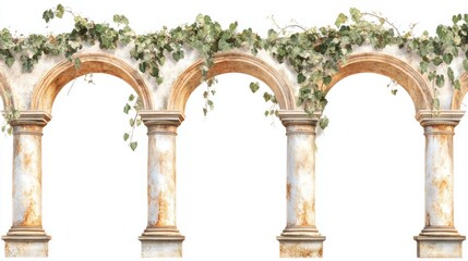 Naklejka premium Classical mural wallpaper with Roman-inspired archways and ivy patterns, creating timeless appeal, isolated on white