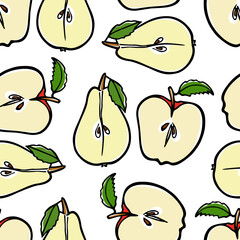 Vector seamless pattern with hand drawn apples and pears cut in halves. Vegetarian, healthy food illustration. Beautiful food design elements, perfect for prints and patterns