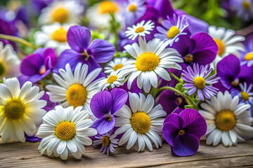 Obraz premium A vibrant arrangement of daisies and violets, bursting with color and life, creating a beautiful, natural floral display.