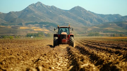 Obraz premium Red Tractor Plowing a Field in a Mountainous Landscape