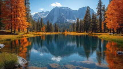 Obraz premium A serene mountain lake with vibrant autumn foliage reflected in the still water.