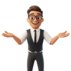 Fototapeta premium Cartoon employee with arms wide open, welcoming someone with a smile on a white background.