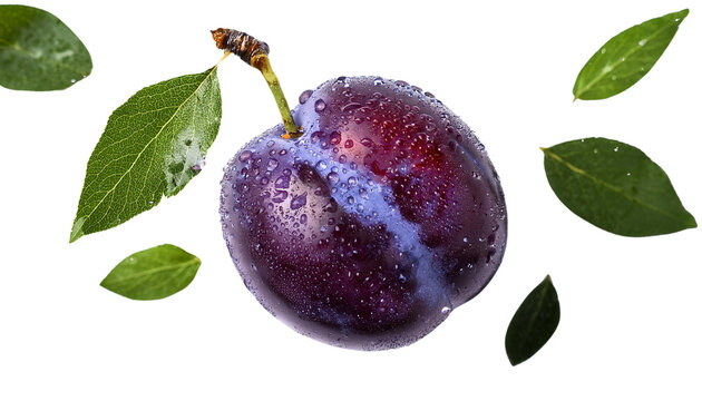 Fresh plum with water droplets surrounded by green leaves, isolated on a white background.