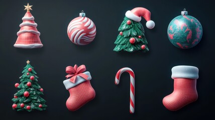 3d Christmas icons set,Christmas decoration element,Surprise winter holiday realistic objects,Decoration elements for greeting cards banners,Merry Christmas and happy new year greeting concept.