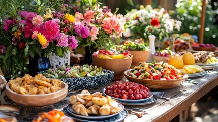 A Rustic Table Spread with Various Salads and Dishes