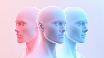Three abstract mannequins in soft hues representing diversity and creativity, perfect for design and artistic projects.
