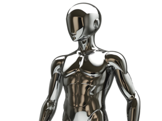 A humanoid robot with a silver metallic body, standing tall with a neutral expression