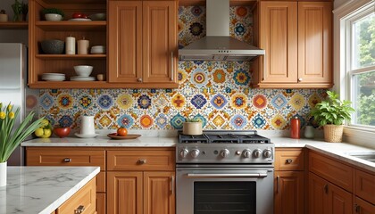 A cozy kitchen with a digital wall tile design showcasing a mosaic of colorful, intricate patterns.A concept of modern kitchen interior design. 