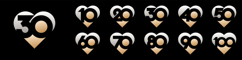 collection of creative love number 10 to 100 logo designs. abstract number design vector illustration
