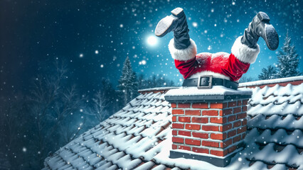 Santa Claus stuck upside down in chimney, snowy winter night scene with pine forest background and falling snow. Humorous Christmas delivery gone wrong concept.