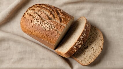 Rustic wholegrain sourdough bread, artisan texture, perfect for food backgrounds or bakery concepts.