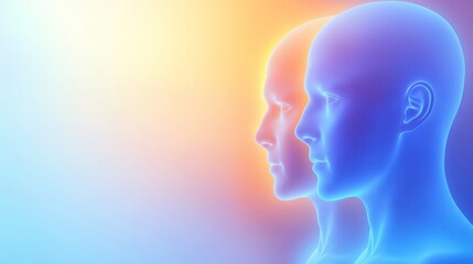 Two abstract human figures in profile, illuminated by a vibrant gradient background, symbolizing connection and innovation.
