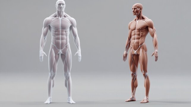 Two anatomical models side by side, showcasing human anatomy in a modern art style. Ideal for educational or artistic purposes.