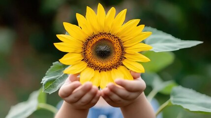 Fototapeta premium Child Holding Vibrant Sunflower Summer Nature Photography