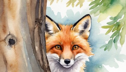 Obraz premium Watercolor illustration of a fox peeking from behind a tree with vibrant colors