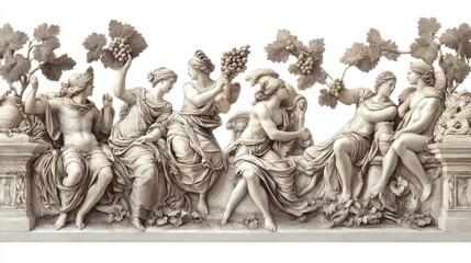 Elegant Roman mural wallpaper with mythological figures and grapevines, creating a classical theme, isolated on white