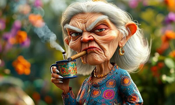 A grumpy old woman smoking a cigar and holding a mug