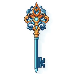 Cartoon key with intricate details on a white background.