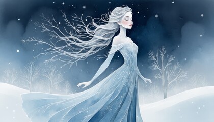 Charming winter spirit princess with flowing hair in an icy blue gown against a snowy landscape