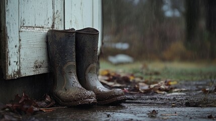 Mud-Covered Boots by a White Door in the Rain