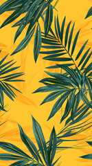 Fototapeta premium Seamless pattern featuring green palm leaves on a sunny yellow background, great for summer and tropical designs. Suitable for naturethemed projects and adding a touch of exotic flair