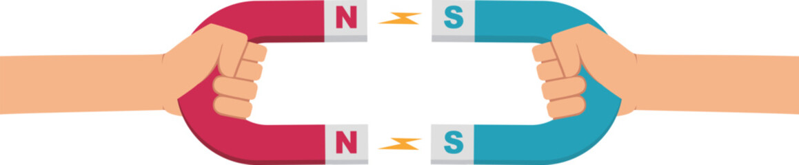 Hands holding magnet. Business attractive, man and woman attraction metaphor. Retention clients, tension between people vector illustration