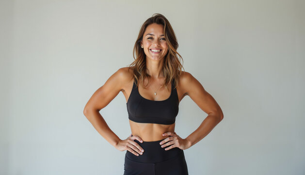 A young woman with long brown hair is smiling and looking at the camera. She is wearing a black sports bra and black leggings. Her hands are on her hips. The background is a light gray wall. 